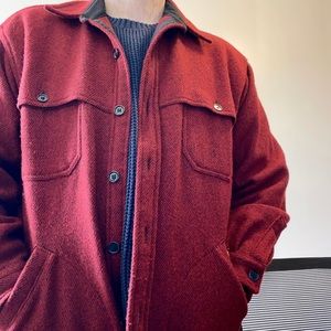Red Woolrich coat in a striking herringbone pattern